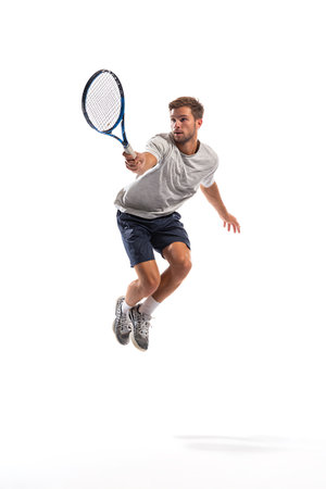 Full length portrait of a young man playing tennis isolated on white backgroundの写真素材