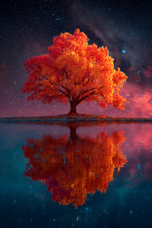 Beautiful autumn tree reflected in water at night with starry skyの写真素材