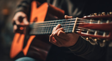 Close up of the hands of a young man playing the guitar.の写真素材