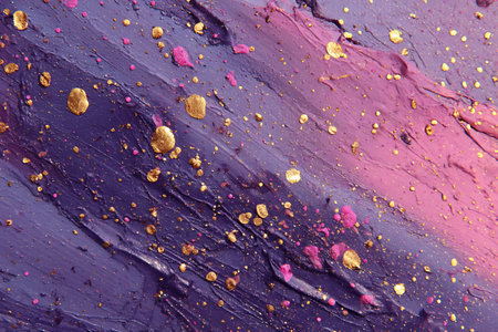 Purple nail polish texture with golden sequins. Abstract background.の写真素材