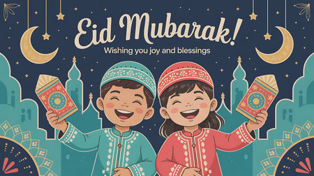 Eid mubarak greeting card with cute cartoon kids. Vector illustration.の写真素材