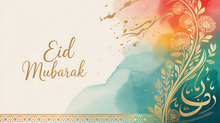 Eid Mubarak greeting card with watercolor background. Vector illustration.の写真素材