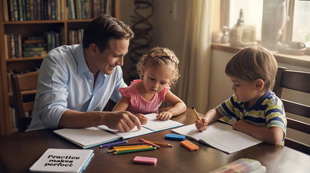Little girl and her father drawing together at the table in the roomの写真素材