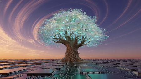 Digital illustration of a tree in digital space. 3D rendering.の素材