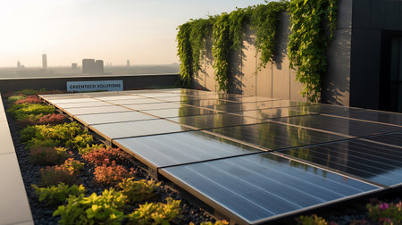 Solar panels on the roof of a modern office building. 3D rendering.の写真素材