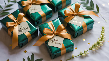 Elegant green and gold gift boxes with ribbons on bedの写真素材