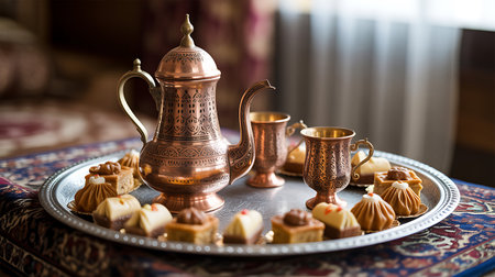 Traditional turkish tea set on a silver tray. Selective focus.の写真素材