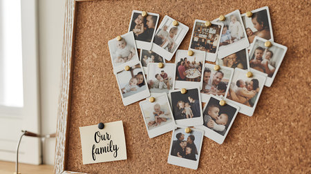 Cork board with photos of family on corkboard, closeupの写真素材