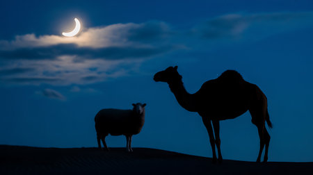 Silhouette of camel and sheep in the desert at night.の写真素材