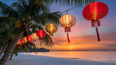 Lanterns on the beach at sunset, Koh Samui, Thailandの写真素材