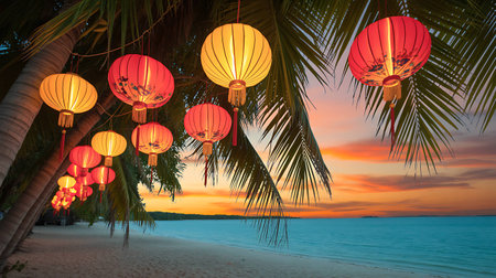 Lanterns on the beach at beautiful sunset, Thailand.の写真素材