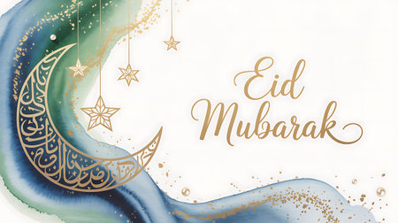 Eid Mubarak. Islamic greeting card with gold and blue watercolor background.の写真素材