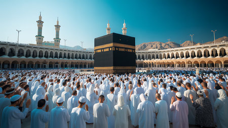 Muslim pilgrims from all over the world gathered to perform Umrah or Hajj at the Haram Mosque in Mecca, Saudi Arabia, days of Hajjの写真素材