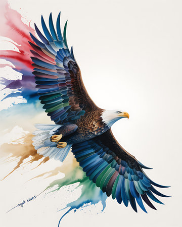 Bald eagle with colorful grunge paint splashes on white backgroundの写真素材