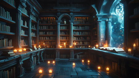 3D rendering of an old library with many books and candles.の写真素材