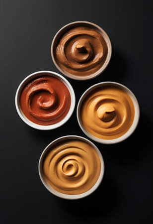 Sauces in bowls on a black background. Top view.の写真素材