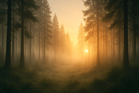 Foggy forest at sunrise. Misty morning in the woods.の写真素材