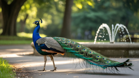 Peacock in the park with water fountain in the background.の写真素材
