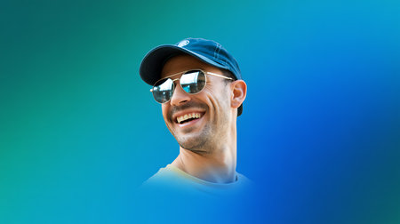Portrait of a smiling man wearing sunglasses and cap on a blue backgroundの写真素材