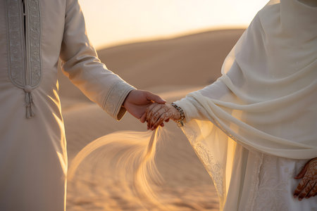 Bride and groom holding hands in the middle of the desert at sunsetの写真素材