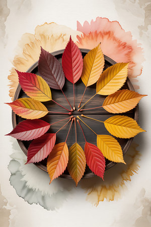 Autumn leaves on wooden plate with copy space. 3d illustrationの写真素材