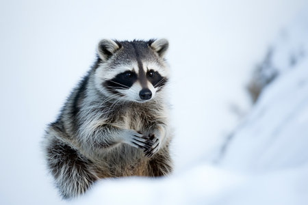 Raccoon sitting on the snow in the winter. Wildlife scene from nature.の写真素材