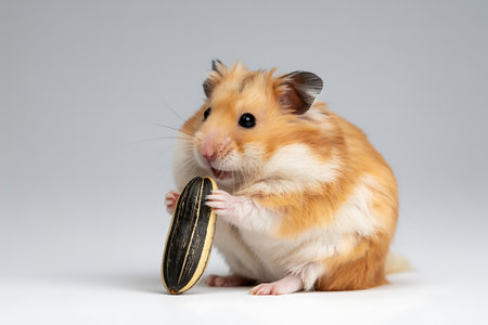 Hamster eating a sunflower seed isolated on a white background.の写真素材
