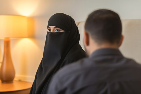 Muslim woman in hijab talking to her husband while sitting on sofa at homeの写真素材