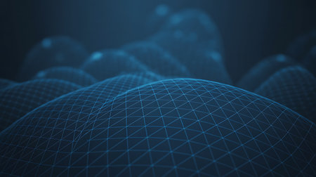 3D wireframe mesh polygonal sphere on dark blue backgroundの写真素材