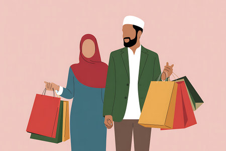 Arabic couple with shopping bags. Vector illustration in flat style.の写真素材