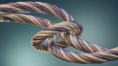 3d rendering of a metallic rope knot on a gray background.の写真素材