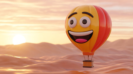 Hot air balloon floating in the desert at sunset. 3d renderの写真素材