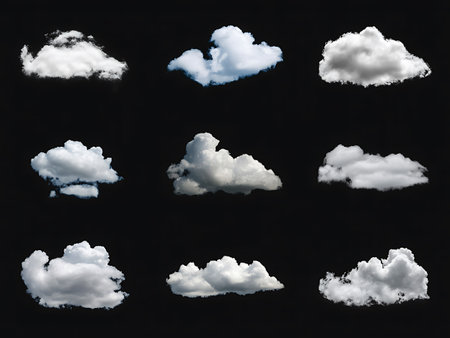 Clouds collection isolated on black background. 3d render. Elements for design.の写真素材