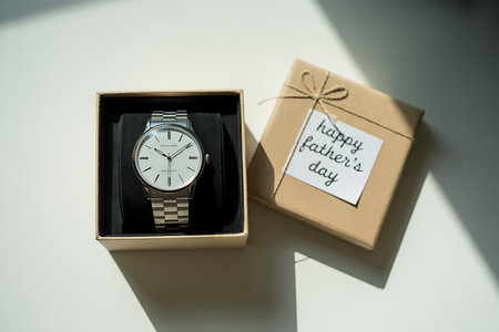 Wristwatch and gift box on white background. Vintage style.の写真素材