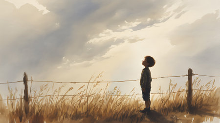 Little boy standing on the edge of a field and looking at the sunsetの写真素材