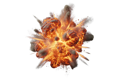 3d illustration of explosion with smoke and flames isolated on white backgroundの写真素材