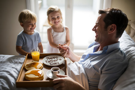 Father and children having breakfast in bed at home. Focus on manの写真素材