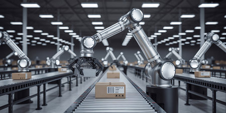 3d rendering robotic arms with boxes on conveyor belt in factoryの写真素材