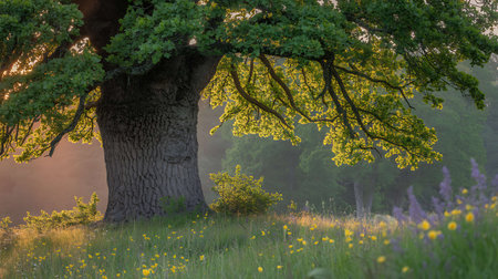 Old oak tree in a meadow with yellow flowers at sunrise.の写真素材