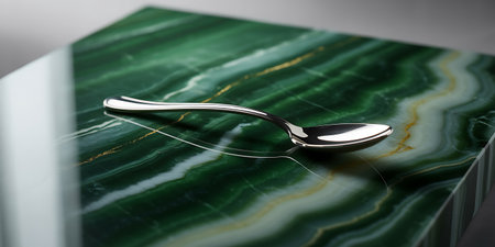 Spoon on green marble table. 3D illustration. Shallow DOF.の写真素材