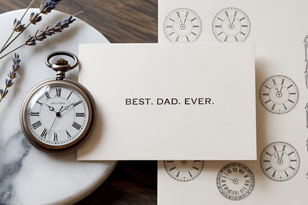 Blank card, pocket watch and lavender on wooden table.の写真素材