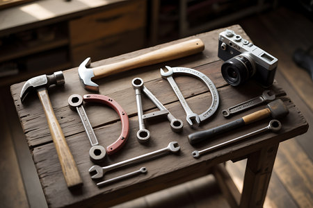 Set of tools on a wooden table in the workshop. Selective focus.の写真素材