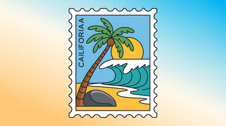 Vector illustration of stamp with the image of the sea and palm treeの写真素材
