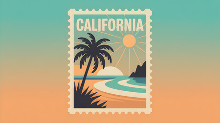 A stamp printed in CALIFORNIA shows image of the beach, circa 2013.の写真素材