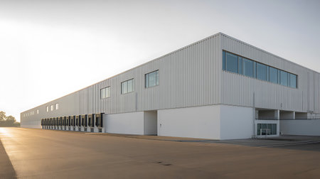Modern warehouse building exterior with white walls and blue sky at sunset.の写真素材