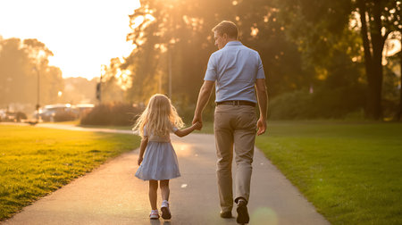 Back view of father and daughter holding hands while walking in park at sunsetの写真素材