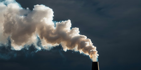 Industrial smoke coming out of chimney on dark blue sky backgroundの写真素材