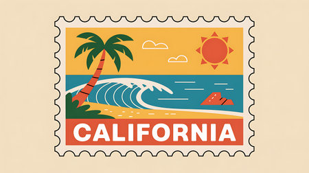 California stamp. Beach with palm trees and sun. Vector illustration.の写真素材