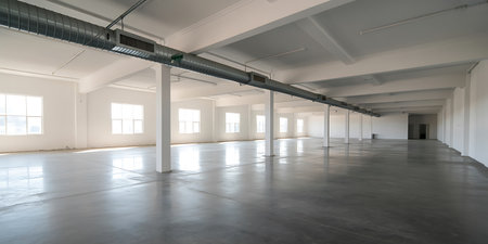 interior of a modern factory, empty room with white walls and floorの写真素材