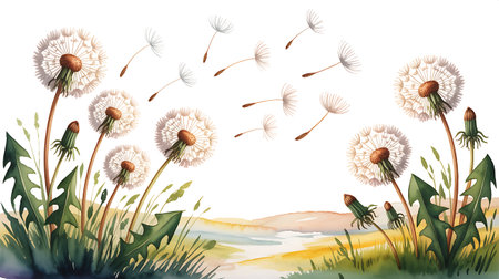 Dandelions on the meadow. Watercolor vector illustration.の写真素材
